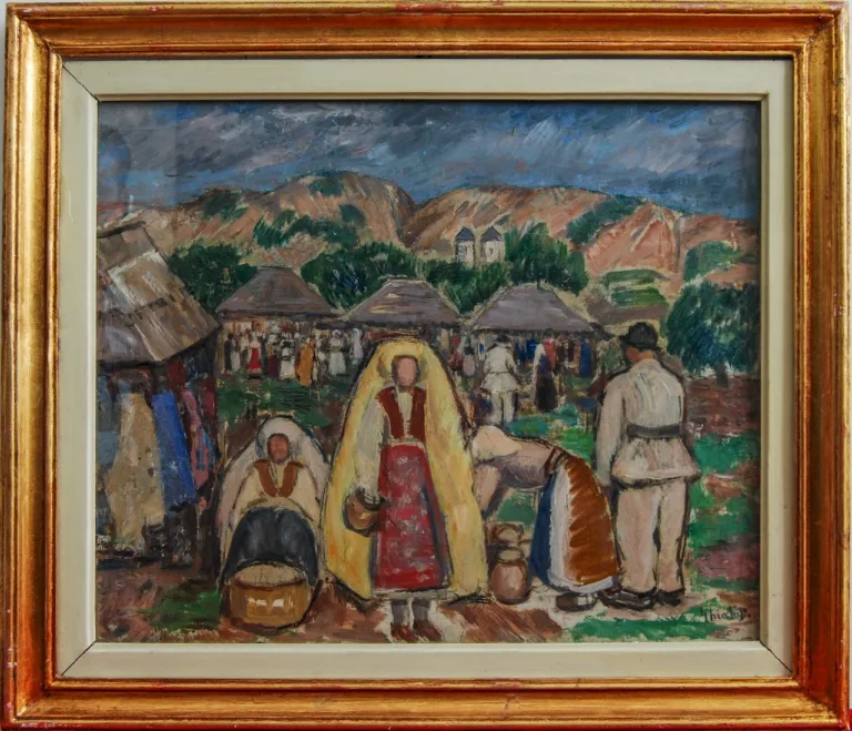 Dumitru Ghiață – „Târg la Polovraci” ulei pe pânză, 50 x 61 cm semnat în dreapta jos cu negru: „Ghiață D.” nedatat